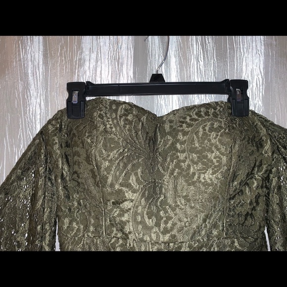 Original Olive Green Party Lace Shorts Romper Off-The-Shoulder with Fringe - Picture 4 of 5